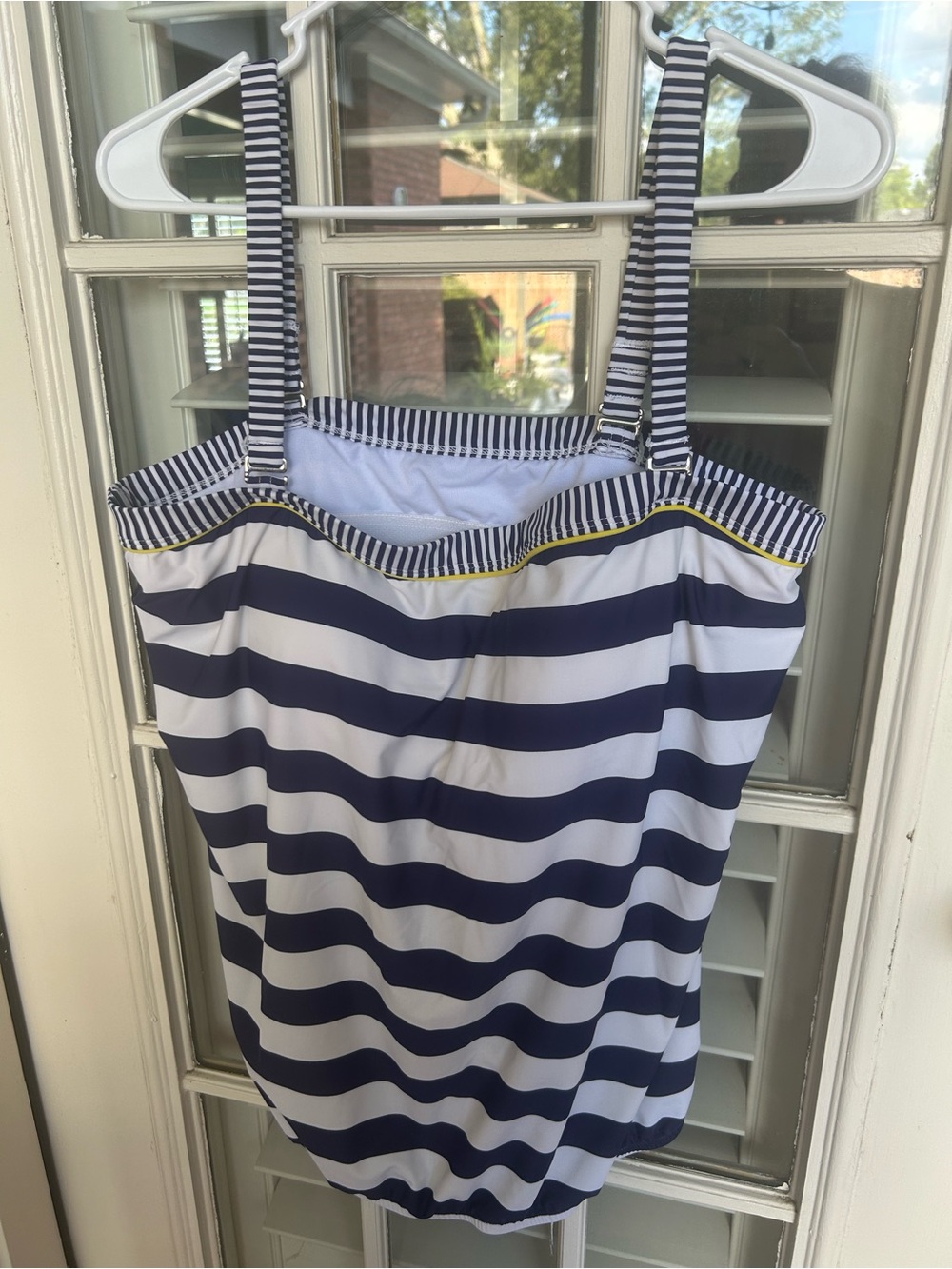 VM Navy and White Striped One-Piece Swimsuit with Yellow Trim